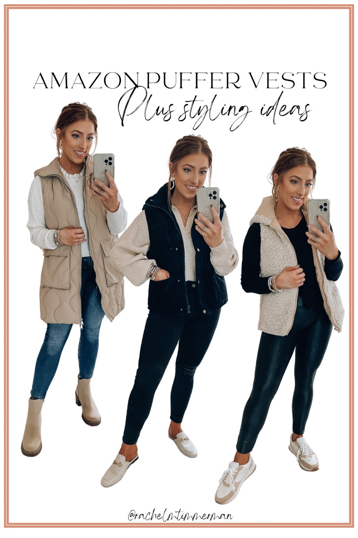 Sharing a roundup of amazon puffer vests today + six styling ideas! Two of them are actually reversible. I LOVE these and have so enjoyed mine all fall and winter long. I also love that you can style these both casual and dressier. I got my true size in these! 

Amazon fashion. Amazon finds. Outfit idea. Puffer vests. Styling ideas. Winter o outfit. Casual style. 