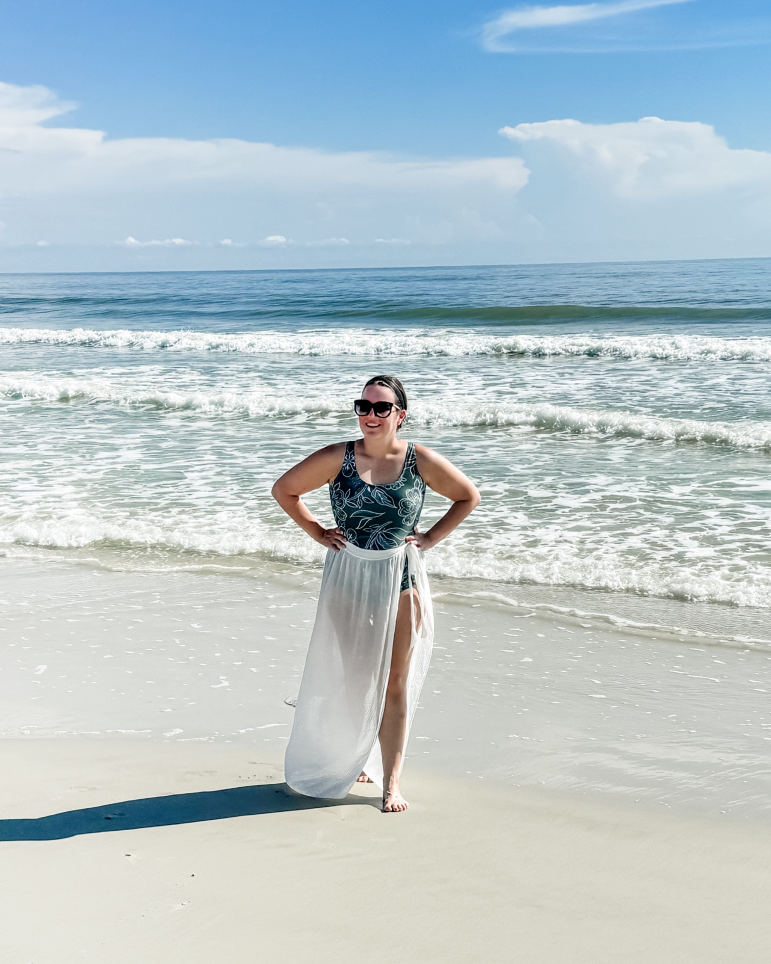 Summer outfit / Amazon fashion finds / green one piece swimsuit / beach vacation outfit / white swimwear coverup skirt / black oversized sunglasses / black headband / modest swimwearr

#LTKFindsUnder50 #LTKSwim #LTKTravel