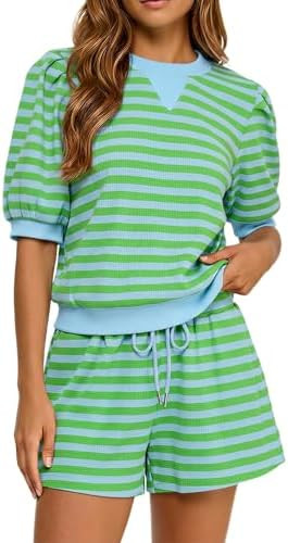 Women 2 Piece Short Sets Summer Knitted Colorblock Striped Puff Sleeve T Shirt and Drawstring Sho... | Amazon (US)