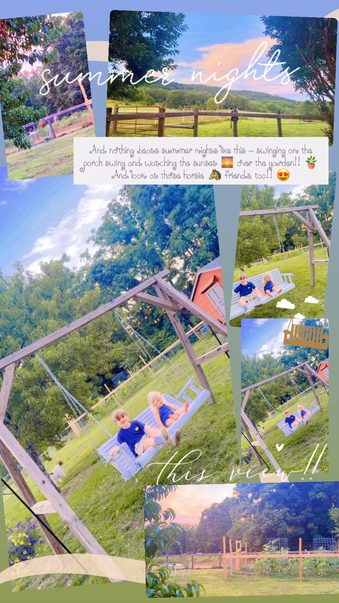 And nothing beats summer nights like this - swinging on the porch swing and watching the sunset 🌅 over the garden!! 🪴 And look at those horsie 🐴 friends, too!! 😍