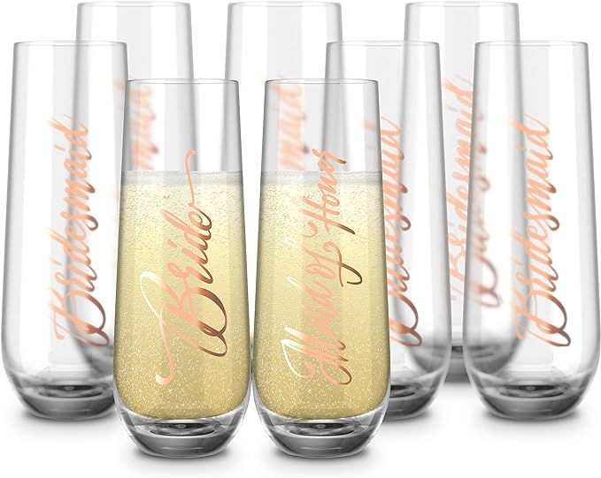 Bride & Bridesmaids Stemless Champagne Flutes, by Kook, Durable Glass, - Stemless Mimosa/ Cocktai... | Amazon (US)