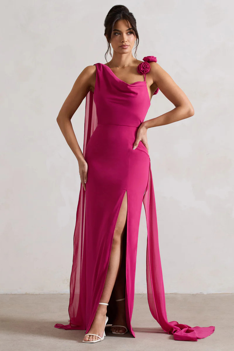 Angeline | Dark Pink Chiffon Draped Split Maxi Dress With Corsages | Club L London