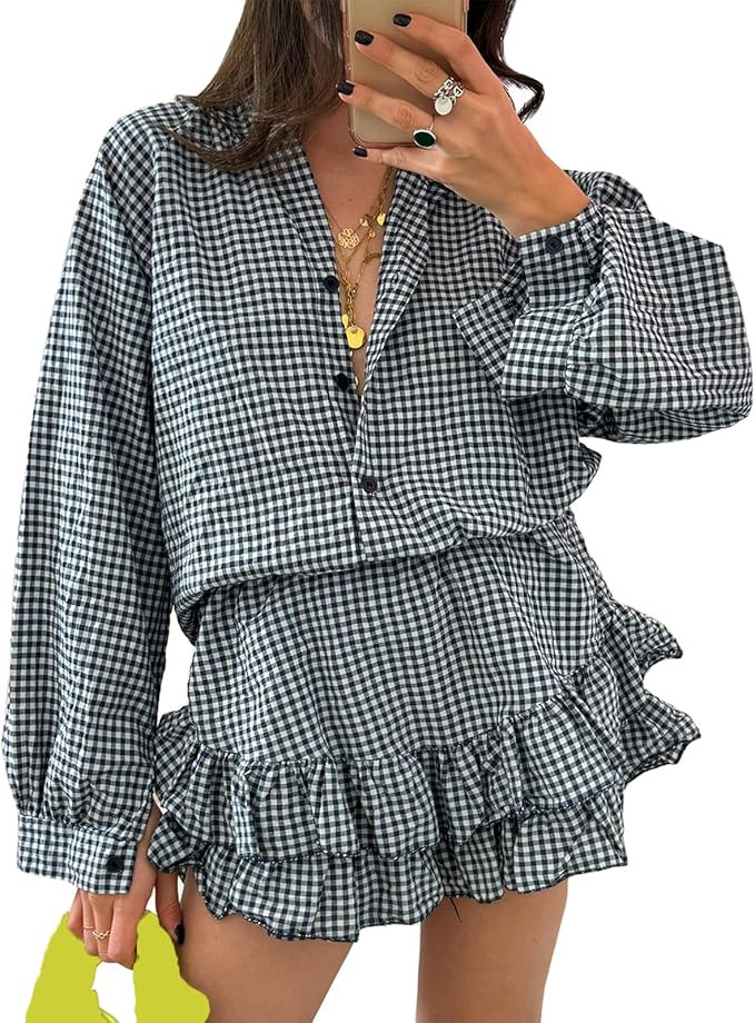 Women Pajamas Set 2 Piece Beach Outfits Long Sleeve Button Plaid Tops and Tiered Ruffle Skirted S... | Amazon (US)