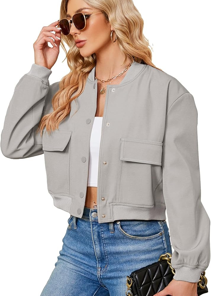 Zando Bomber Jacket Women 2026 - Short Cropped Jacket Women Button Down Long Sleeve Casual Varsit... | Amazon (US)