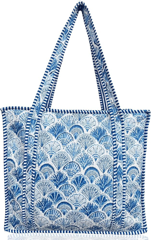 100% Cotton Quilted Tote Bag 18x16– Large Zipper Beach Bag & Travel Bag Purse Reusable Grocery ... | Amazon (US)