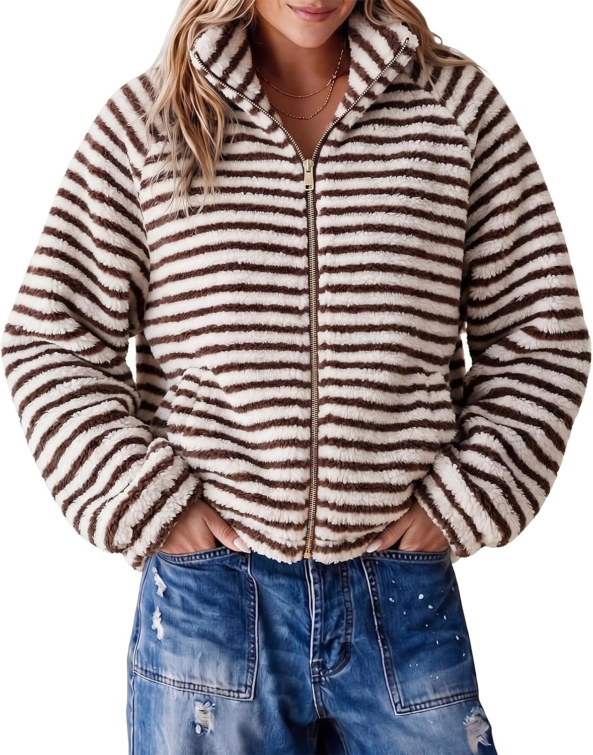 Fisoew Womens Fleece Jacket Zip Up Fuzzy Oversized Sherpa Striped Coat | Amazon (US)