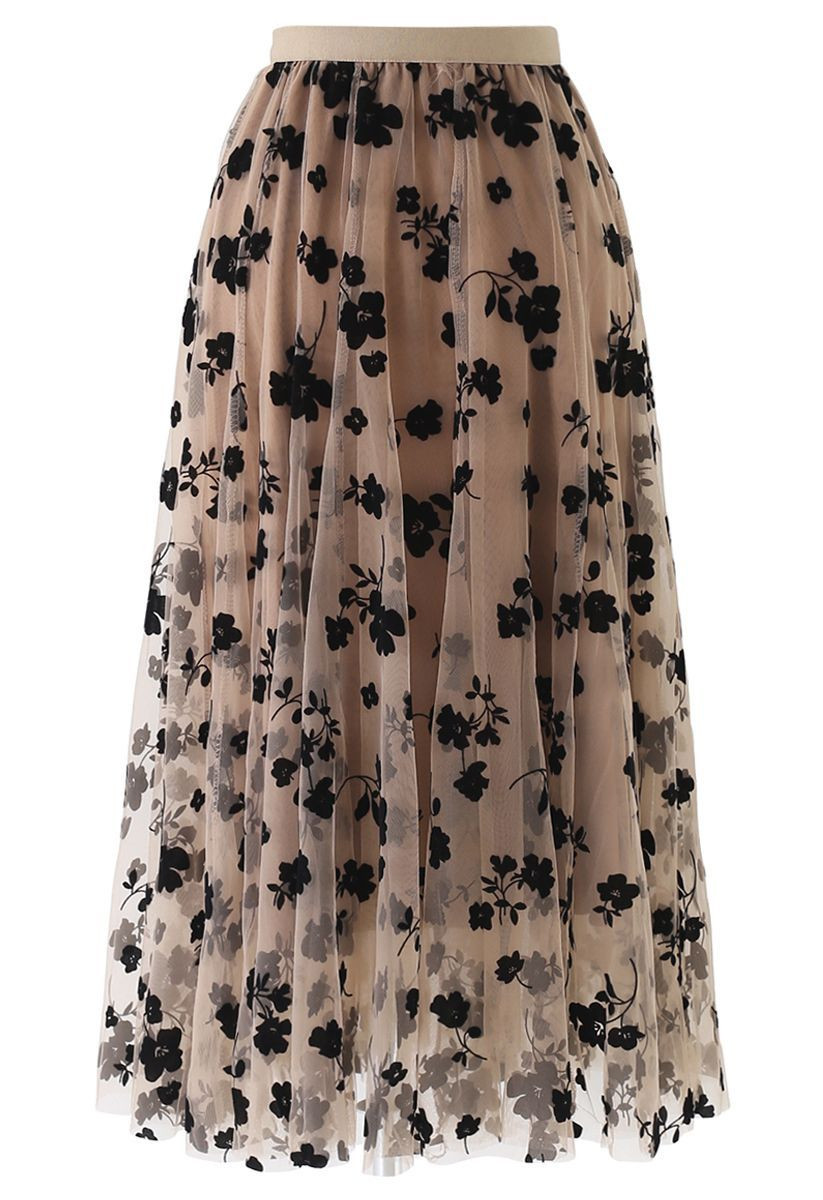 3D Posy Double-Layered Mesh Midi Skirt in Caramel | Chicwish