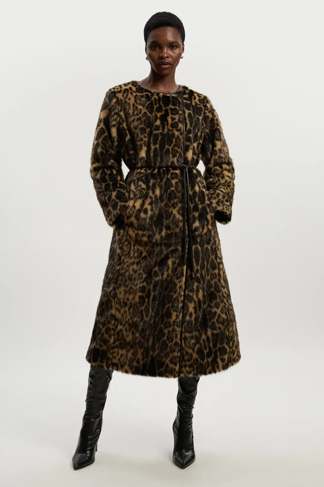 Faux Fur Leopard Collarless Tie Belted Midi Coat | Karen Millen