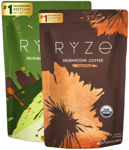 RYZE SUPERFOODS All Day Energy Bundle with Mushroom Medium Roast Coffee + Mushroom Matcha, USDA O... | Amazon (US)