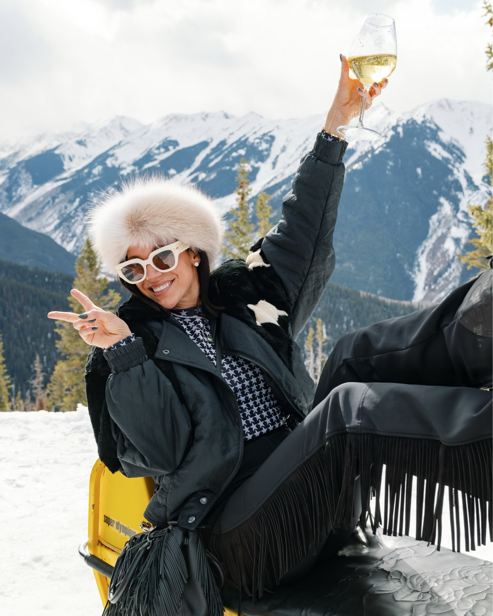 Aspen chic.. dance floor gremlin 🤗.

Wore these fringe ski pants with the warmest base layers and a vintage jacket for morning skiing, and an afternoon Aprés ski party! 

My fringe ski pants were a hit… I highly recommend ! I added a fur headband for an extra bougie vibe 😉🖤

#LTKTravel #LTKootd #LTKSeasonal