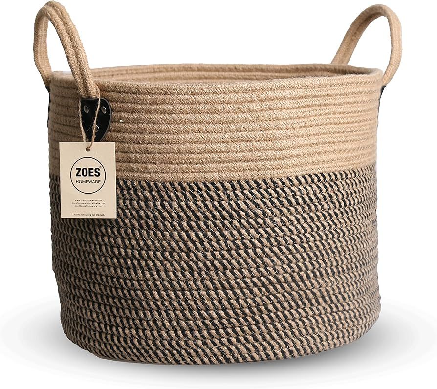 ZOES HOMEWARE 14"x12" Natural Jute Rope Woven Storage Basket with Handles for Plant, Blankets,Toy... | Amazon (US)