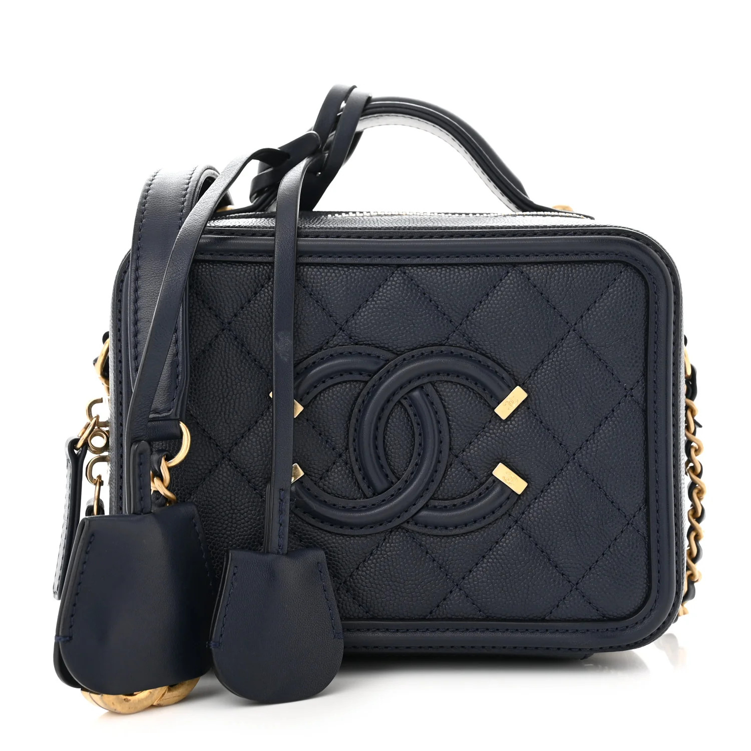 Caviar Quilted Small CC Filigree Vanity Case Navy | FASHIONPHILE (US)