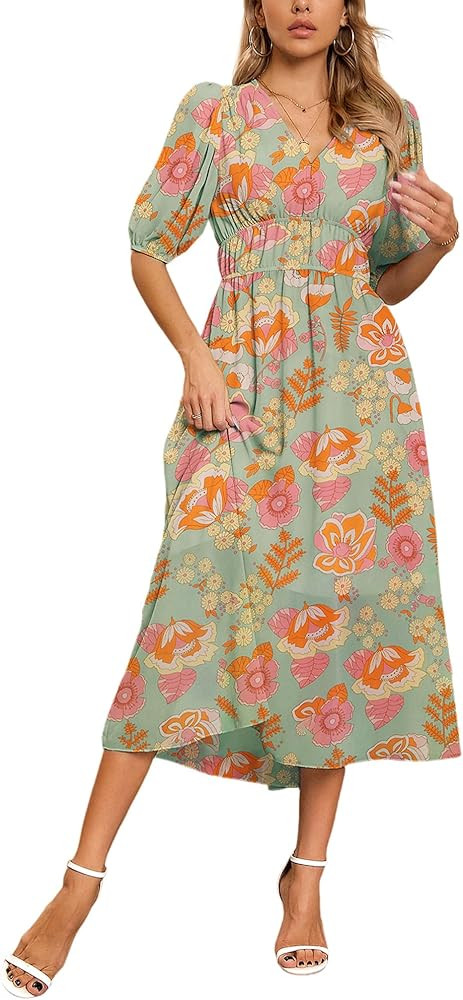 Womens Flowy Smocked Elastic Waist Short Sleeve V Neck Floral Midi Dress Casual Spring Summer Sun... | Amazon (US)