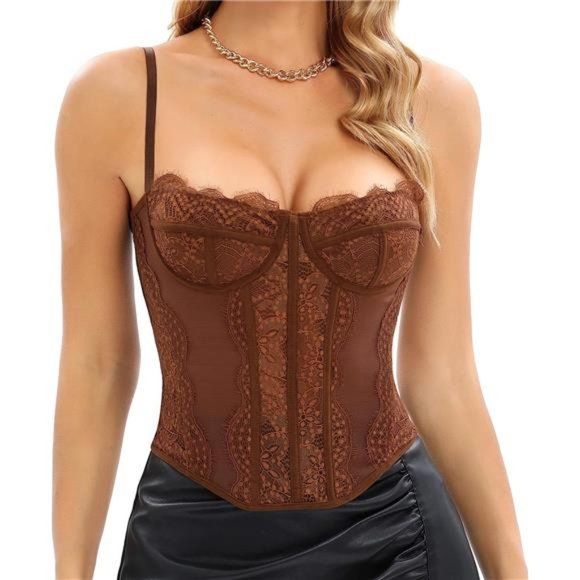 Brown Lace Sexy Bustier Corset Top Sleeveless Cami Bodycon Boned Party Top | Poshmark