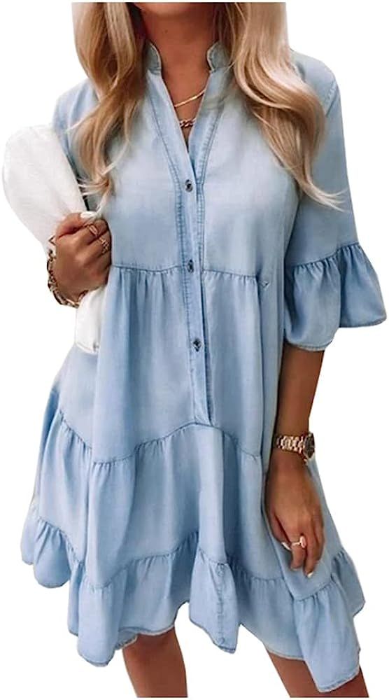 Women Denim Dresses Casual V Neck Ruffle Short Sleeve Jean Dress Summer Babydoll Dress 2024 | Amazon (US)