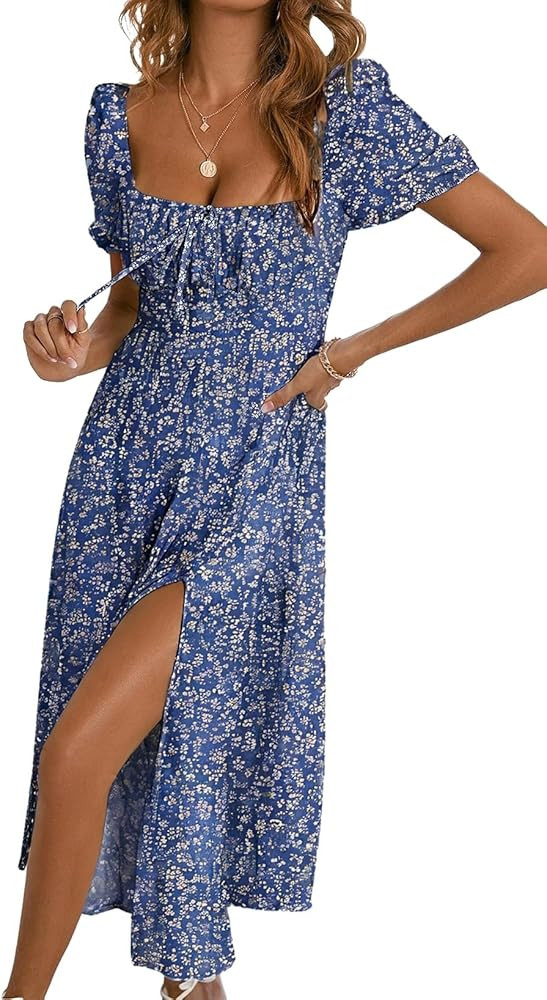 BLENCOT Casual Womens Summer Short Sleeve Square Neck Split Midi Dresses | Amazon (US)