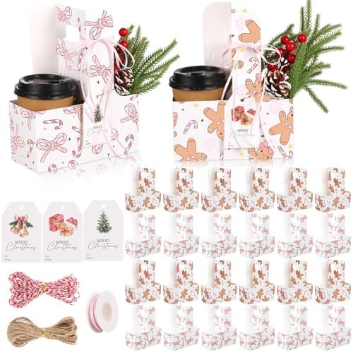 PYQTH 24 Count Kraft Paper Flower Gift Bags Disposable Drink Coffee Carrier with Handle 2 Cup Flo... | Amazon (US)