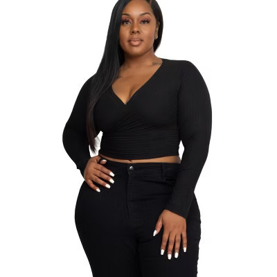 Slickblue Plus Size Ribbed Wrap Front Long Sleeve Top, Stretch Fit, Casual Style, Black, Size 1XL | Target