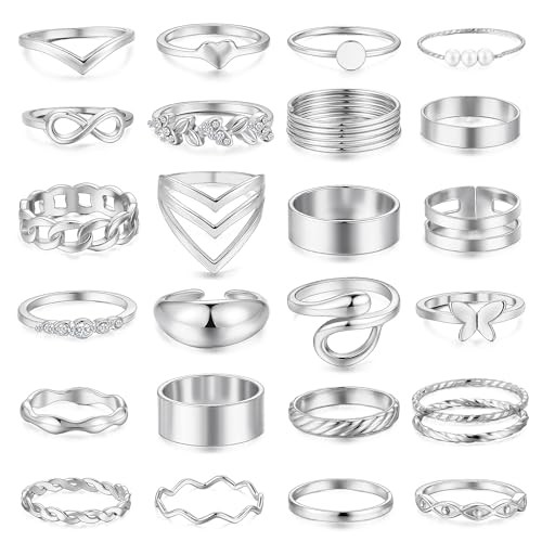 iF YOU 25 Pcs Silver Knuckle Rings Set for Women, Vintage Boho Stackable Finger Midi Rings, Simple Stacking Cute Rings Pack Trendy Stuff Jewelry | Amazon (US)