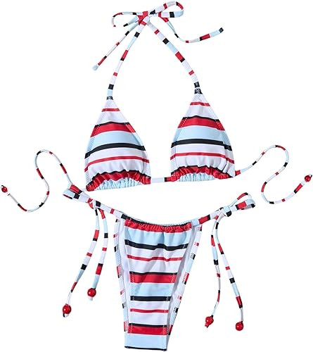 GORGLITTER Women's Beaded String Bikini Sets Two Piece Striped High Cut Thong Cheeky Swimsuits Re... | Amazon (US)