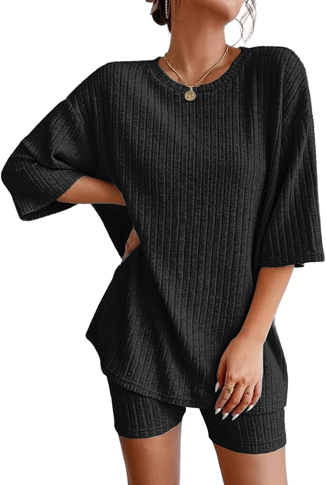 Ekouaer 2 Piece Lounge Set Women Ribbed Knit Oversized Shirts Biker Shorts Airport Outfits Track ... | Amazon (US)