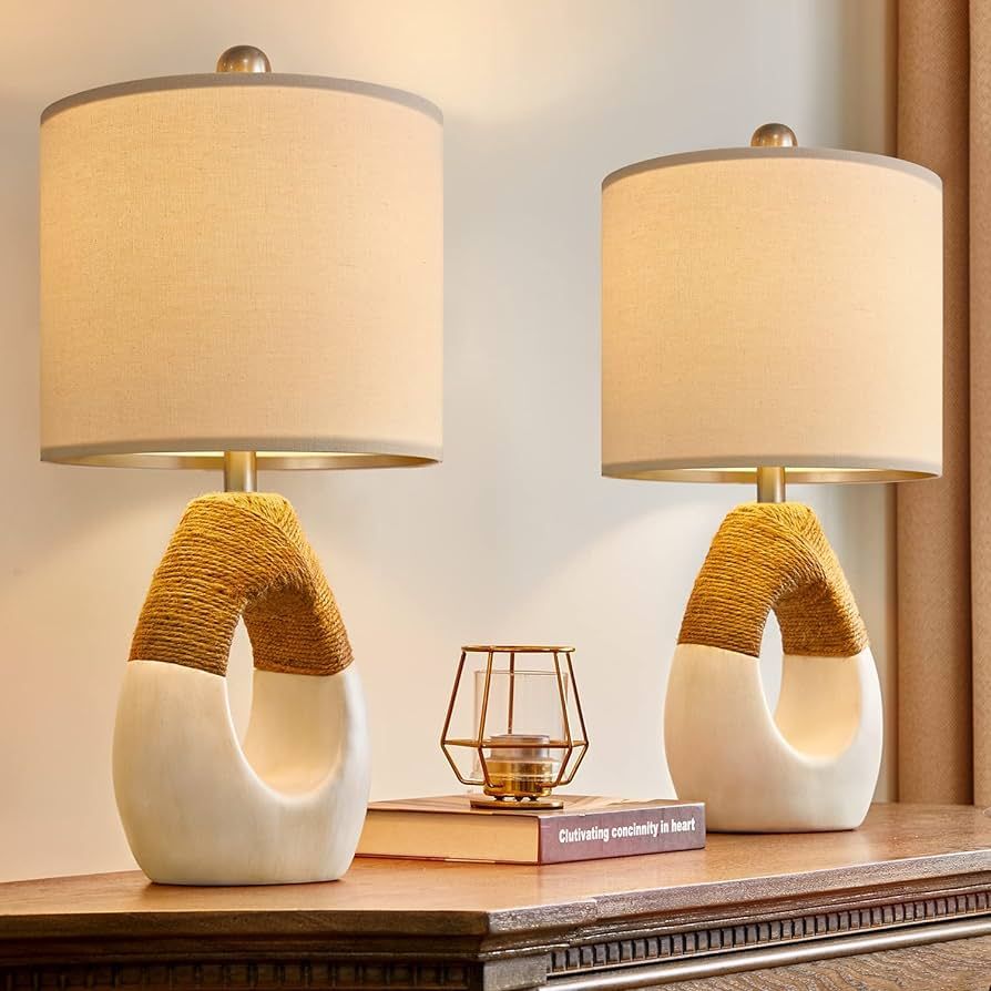 OYEARS Boho Rattan Table Lamps Bedrooms Nightstand Set of 2 Bohemian 19" Coastal Lamp Living Room... | Amazon (US)
