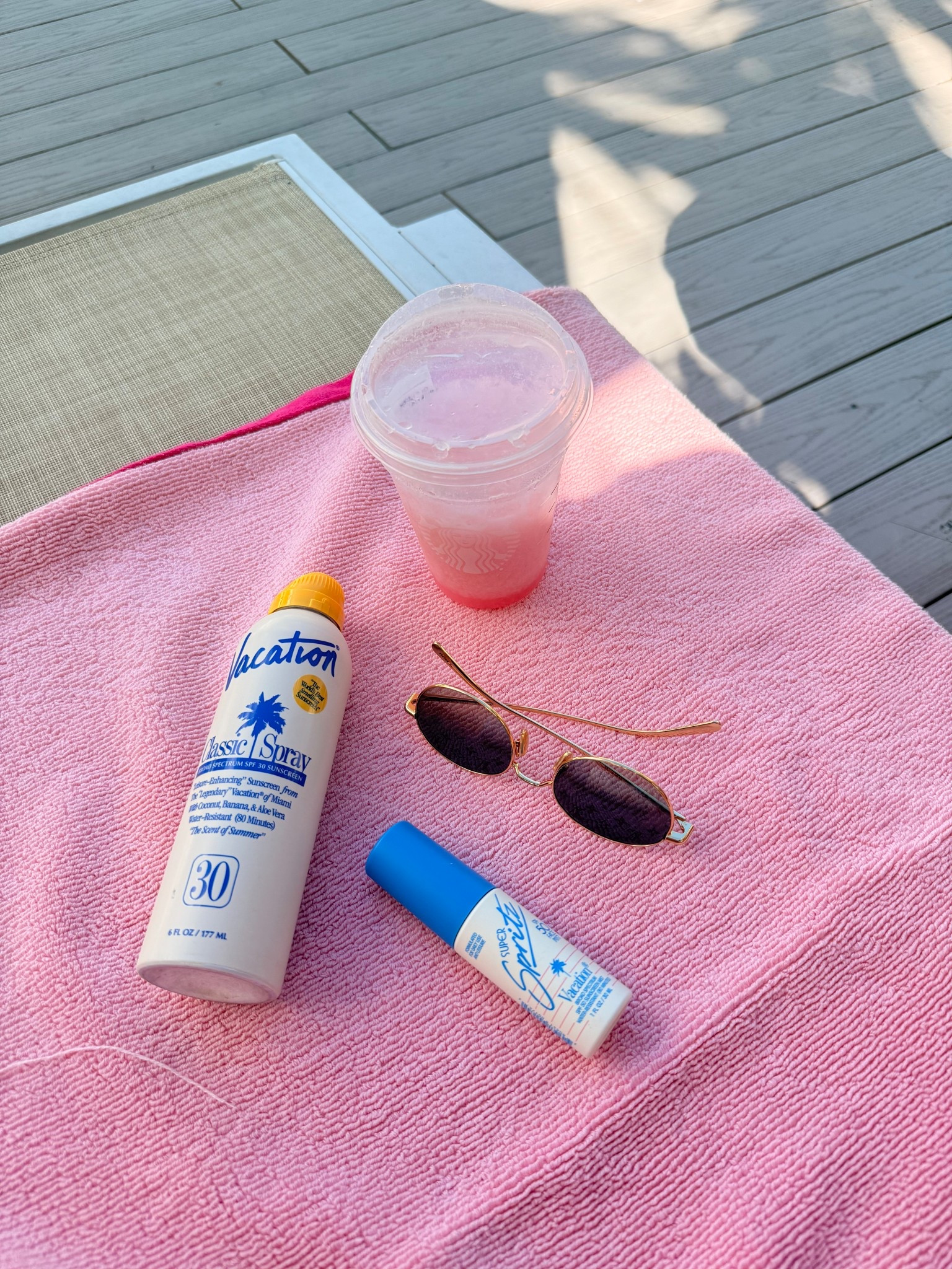Prepping for tanning season ☀️

Here’s the lineup: 
🌸 Pink Drink from Starbucks
☀️Sun glasses from LV 
🌴SPF from Vacation Inc

#LTKselfcare #LTKBeauty #LTKdayinmylife