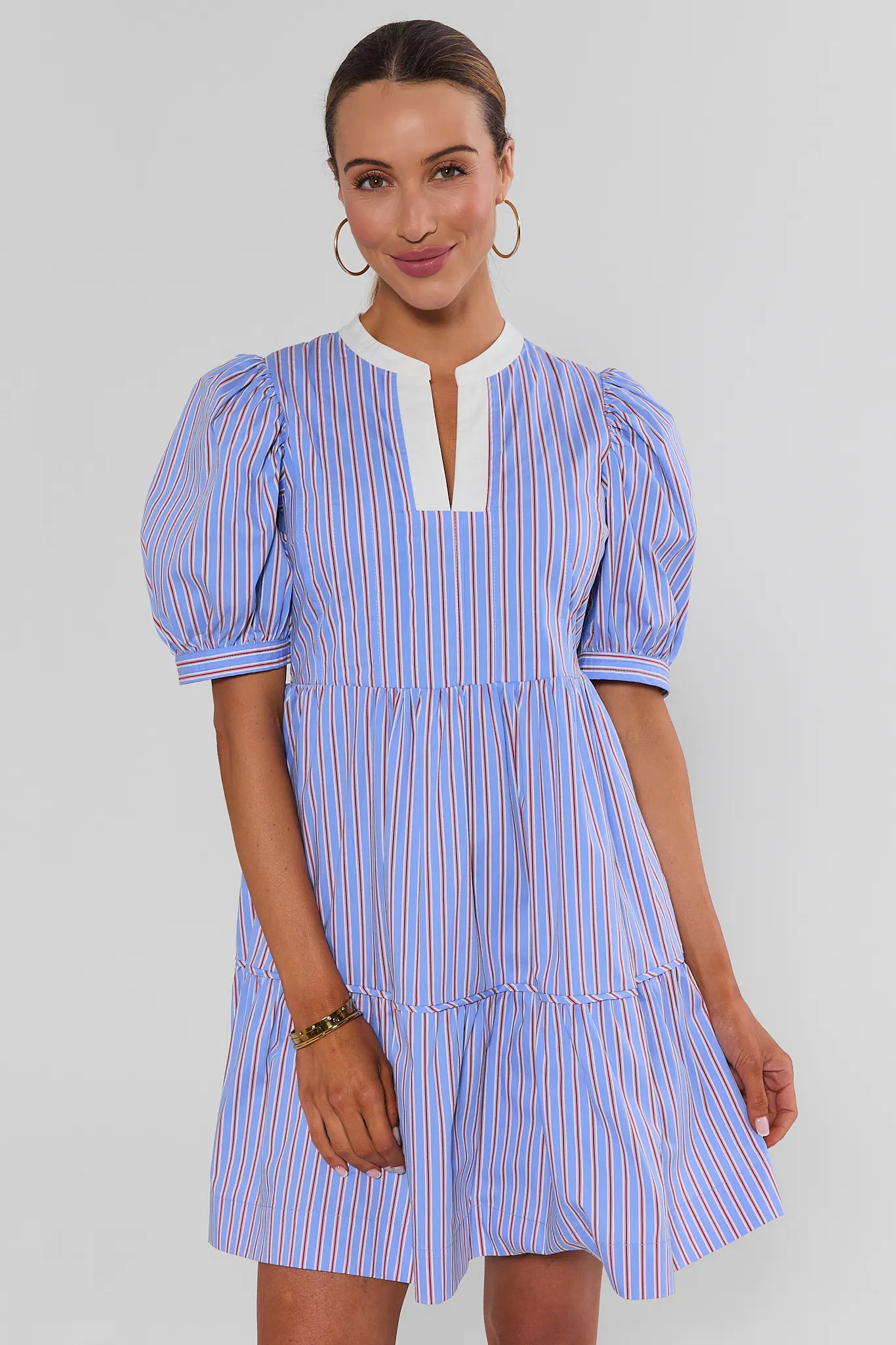 Blue Striped Split Neck Short Dress | Avara