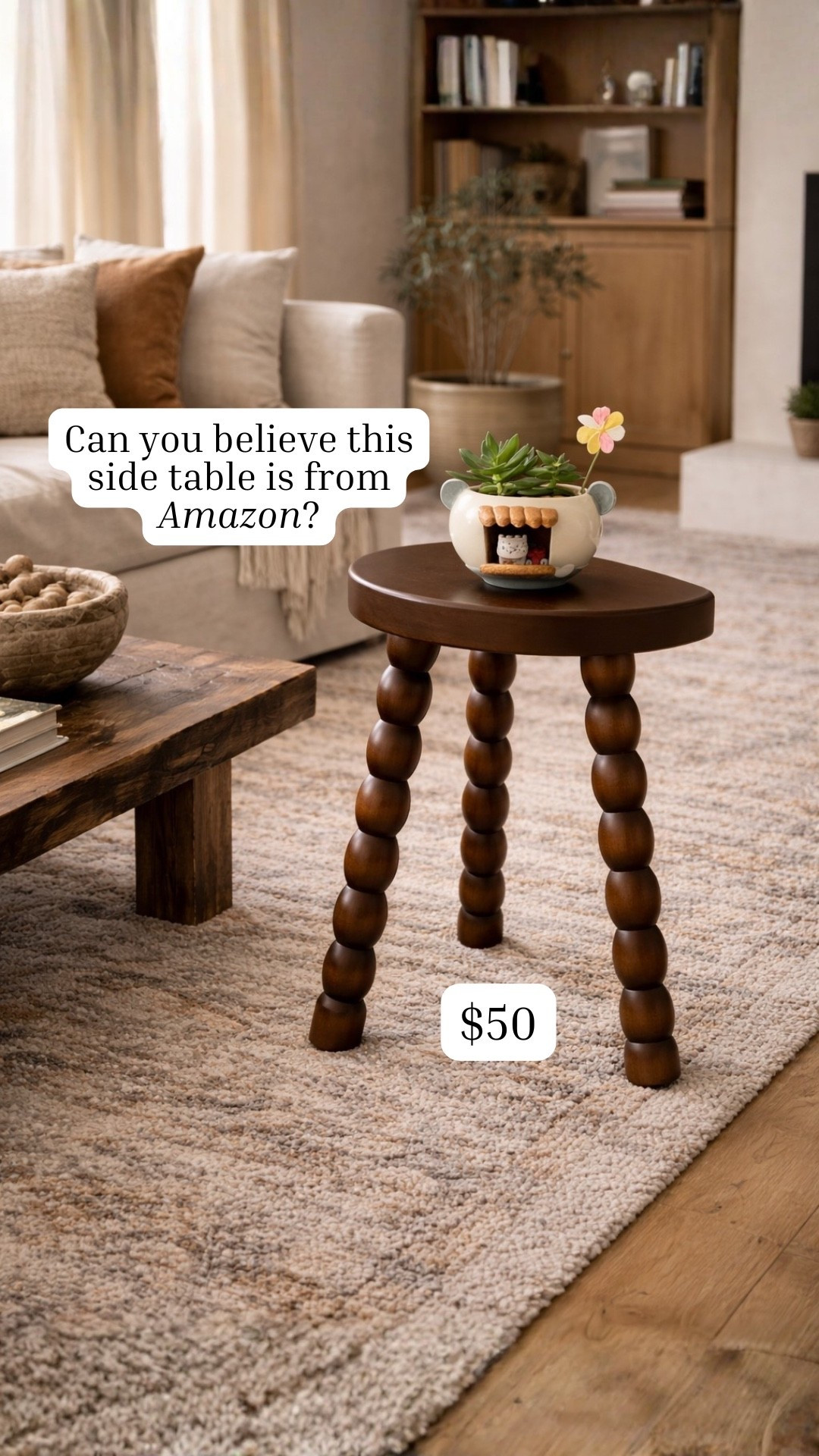 This bobbin-leg wood stool is such a good Amazon find—same sculptural, vintage-inspired look as the McGee & Co. version, with that warm walnut tone that instantly makes a modern organic space feel cozier. I love it as a little perch next to the sofa, a small accent table for a candle + coffee, or even as a bedside alternative when you don’t want a bulky nightstand. It’s compact, versatile, and adds that moody contrast that makes neutrals feel elevated. McGee & Co. Alice Wood Stool dupe. Linked both here.

#LTKHome #LTKSaleAlert