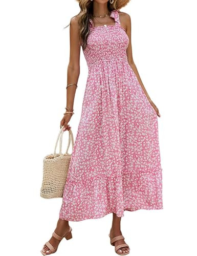 Tobrief Women's Floral Summer Dress Adjustable Strap Sleeveless Ruffle Hem Smocked Boho Maxi Dresses Pink Floral S | Amazon (US)