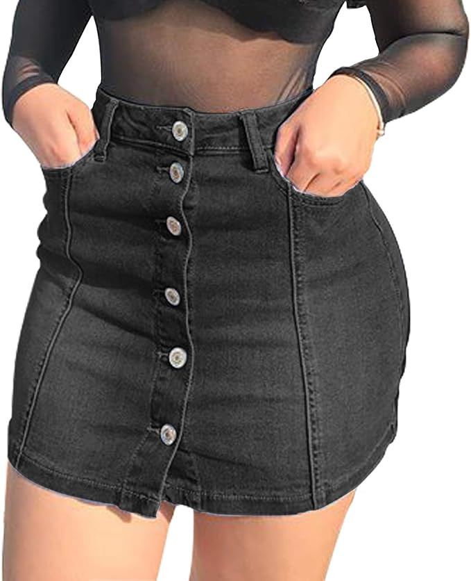 Tulucky Women's Button Down Front Denim Short Skirt with Side Pocket | Amazon (US)