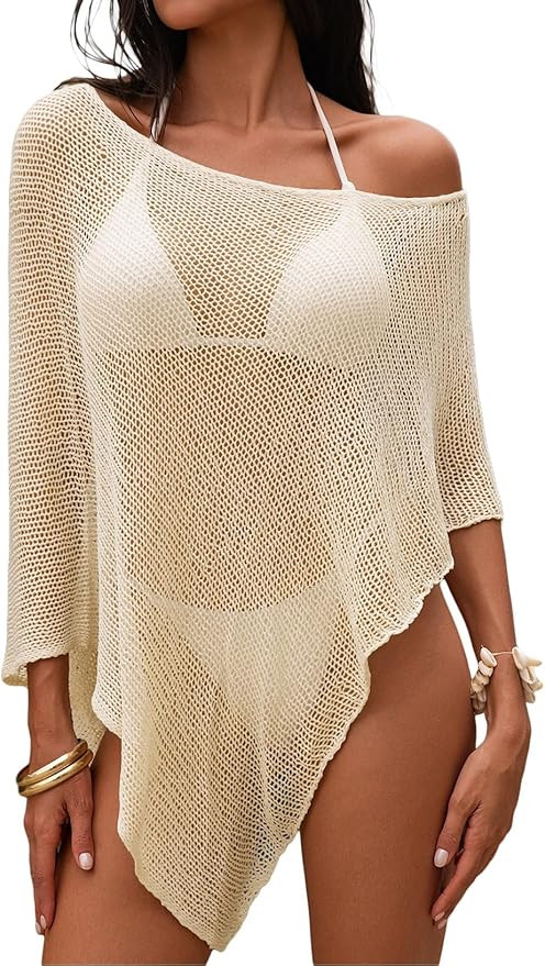 Herseas Women Sheer Bathing Suit Cover Up Crochet Knit Mesh Poncho Top Off The Shoulder Shrug Loo... | Amazon (US)