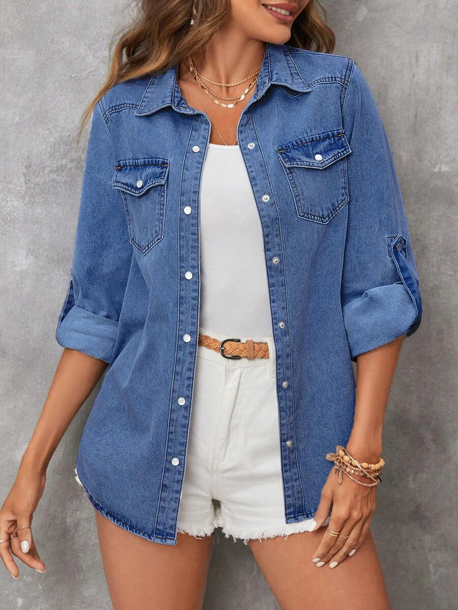 SHEIN LUNE Flap Pocket Roll Tab Sleeve Denim Blouse | SHEIN