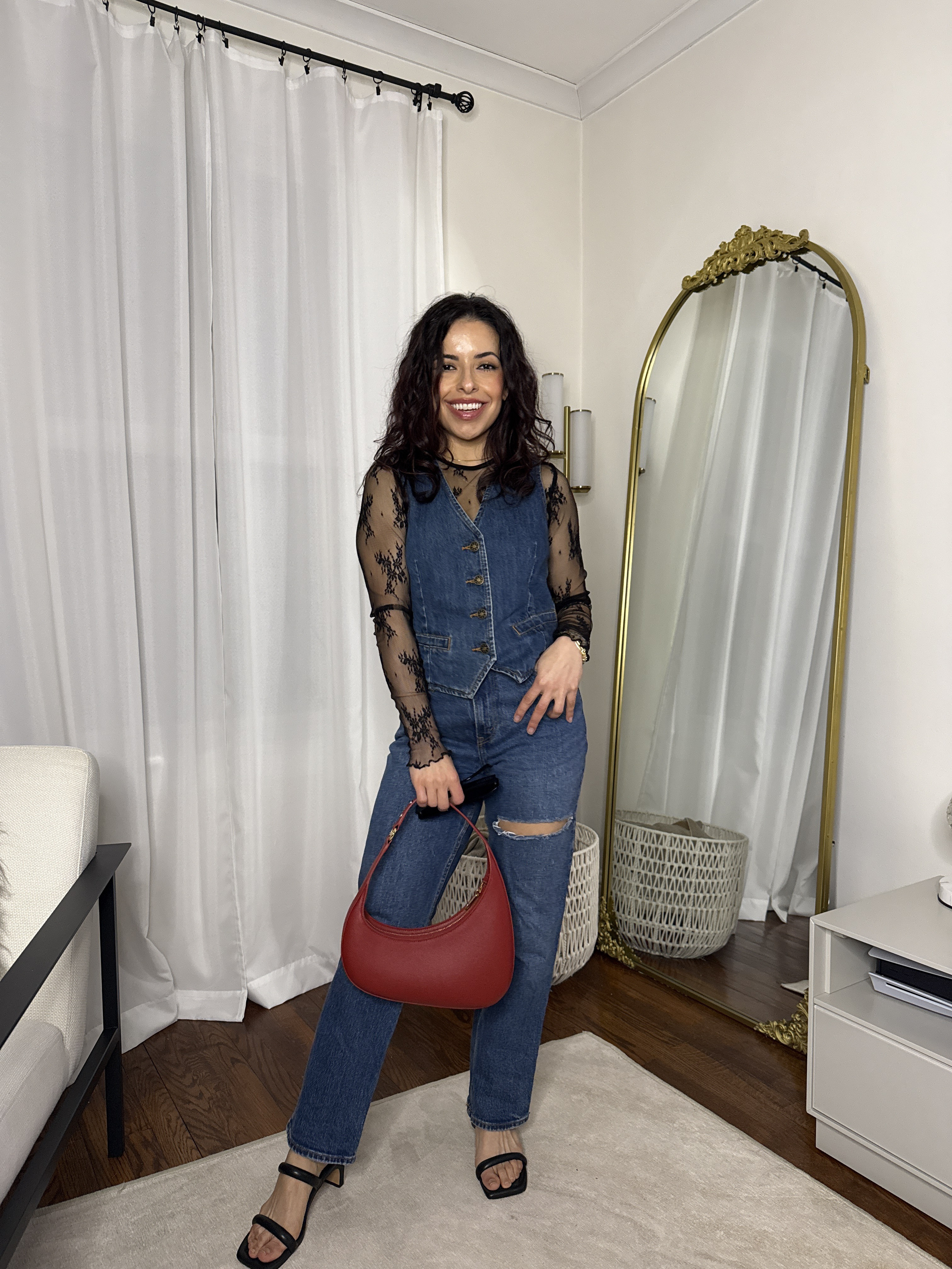 Early fall outfit idea. Petite jeans from Abercombie, Lace top, petite studio vest top and JW Pei red hand bag. Sandals from Amazon.  

 #LTKSeasonal #LTKPetite #LTKautumn