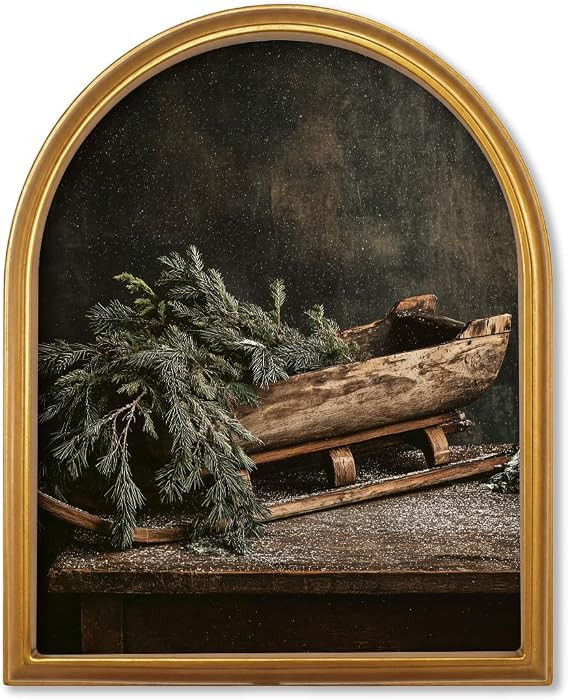 TwoDays Vintage Christmas Sled Pine 11" x 13.8" Gold Arched Framed Wall Art | Amazon (US)