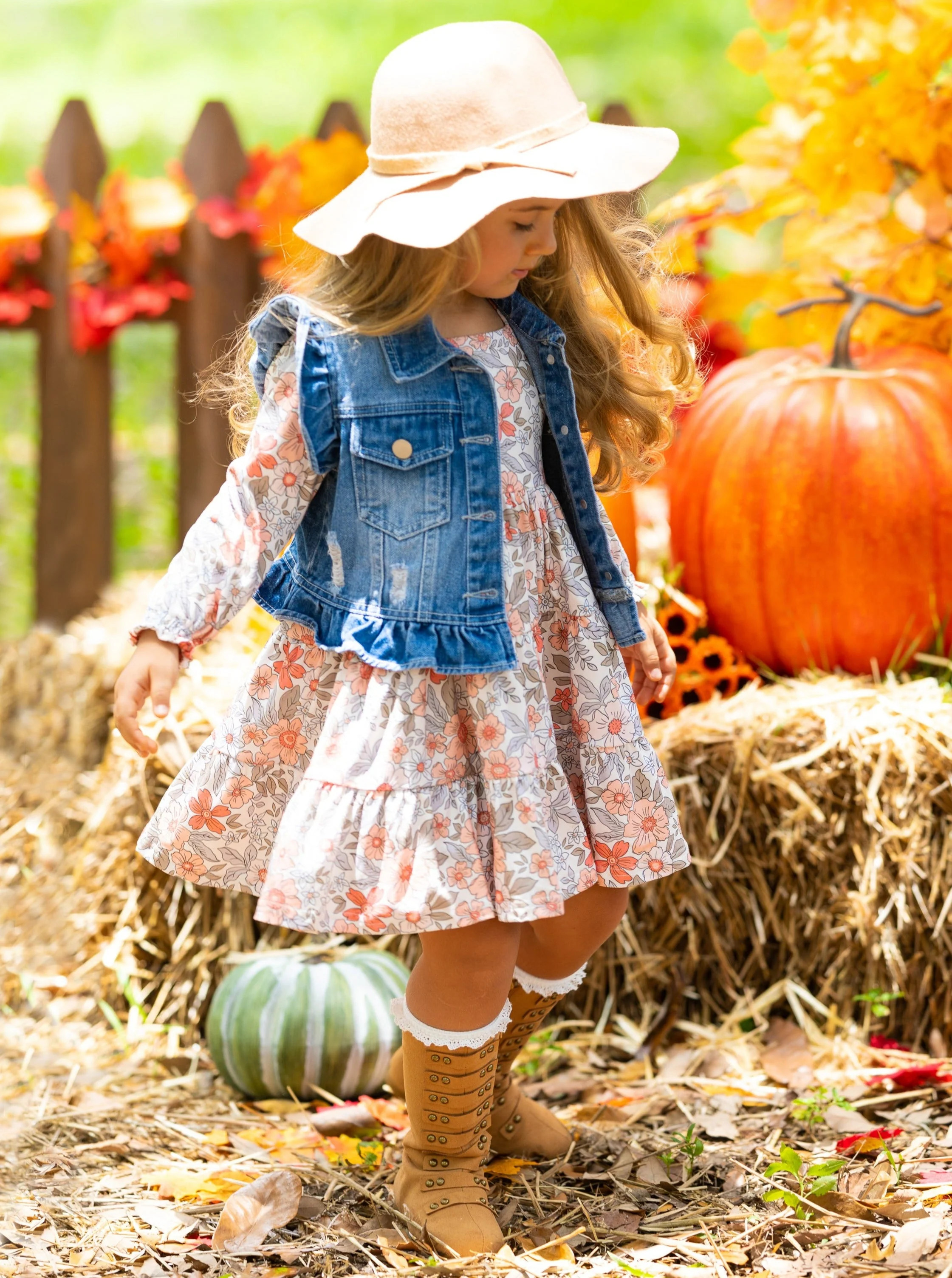 Always In Bloom Denim Vest and Floral Dress Set | Mia Belle Girls