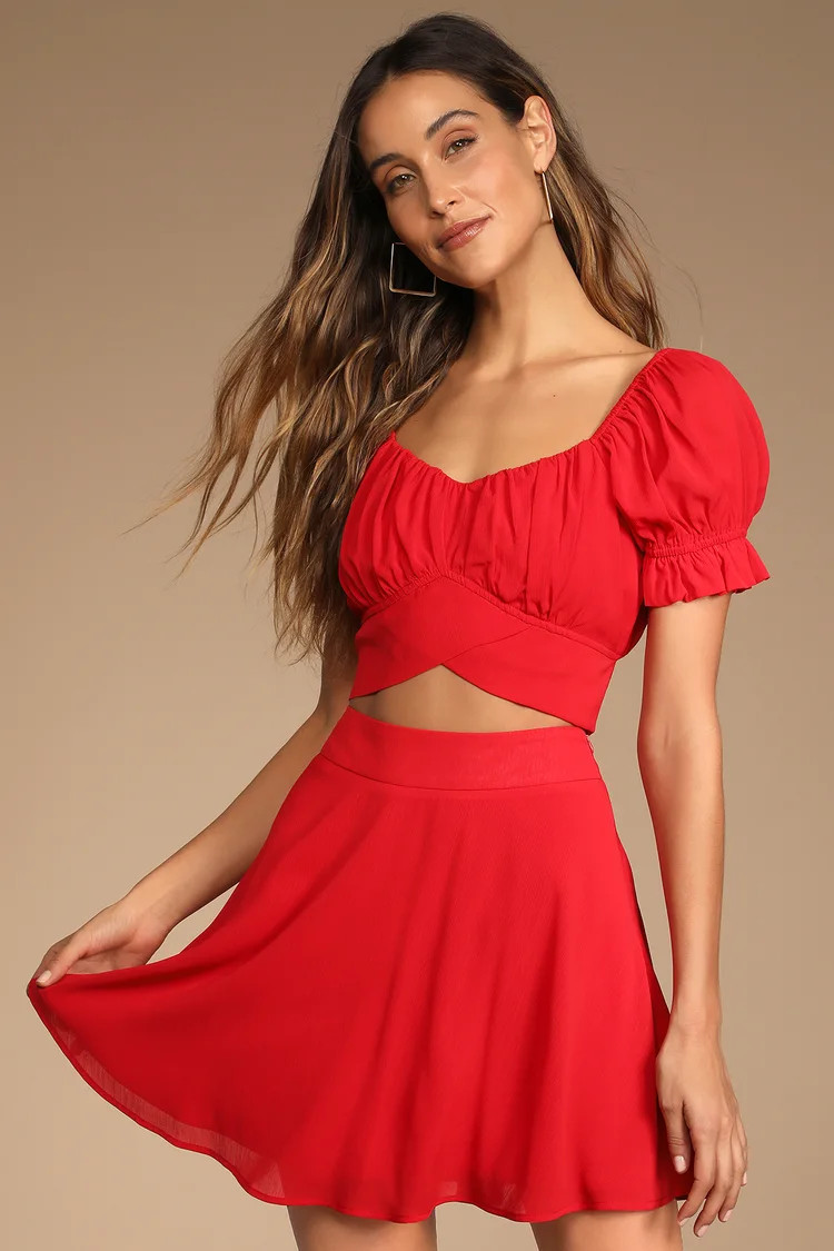 In The Artist's Garden Red Puff Sleeve Two-Piece Mini Dress | Lulus (US)