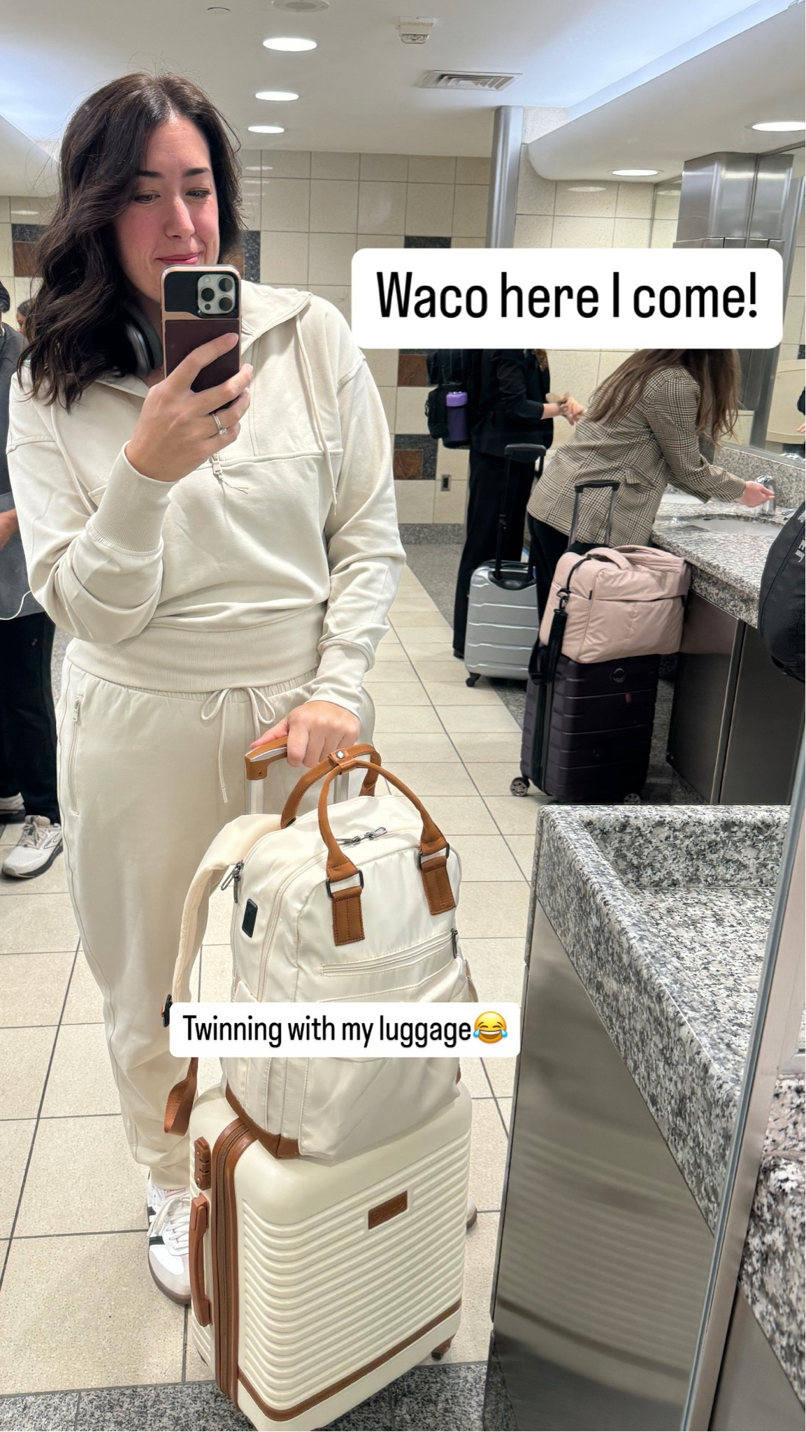 Twinning with my luggage😂 Waco here I come!
Love this cozy athletic matching set from Old Navy.   So warm on the plane and comfortable for lots of walking through the airport.  This is the maiden voyage of my new suitcase set!  So fun trying it out for the first time today.

#LTKTravel #LTKActive #LTKStyleTip