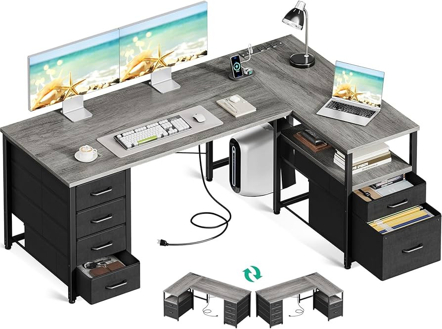Amazon.com: Coleshome L Shaped Computer Desk with 6 Drawers & Power Outlet, 55 Inch Corner Desk w... | Amazon (US)