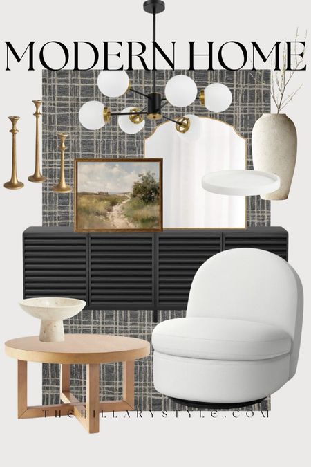 Modern Home: neutral home decor and furniture finds for the modern organic home. Boucle swivel accent chair, black sideboard, black console, Sputnik chandelier, wood coffee table, gold mirror, framed landscape art, ceramic vase, ceramic pedestal bowl, marble tray, faux stems, brass candle holder set, neutral area rug. Target, Amazon, Wayfair, Crate and Barrel, West Elm, H&M, Etsy, CB2.

#LTKStyleTip #LTKHome #LTKSeasonal