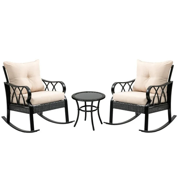 Outsunny 3-Piece Outdoor Conversation Set, Rattan Rocking Chair Set, Khaki | Walmart (US)