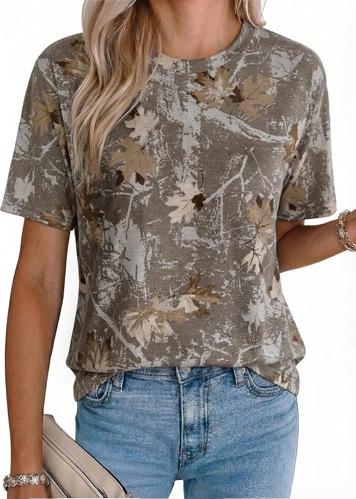EVALESS Womens Camo Shirt Summer Graphic Tee Crewneck Short Sleeve Oversized Maple Leaf Camouflag... | Amazon (US)