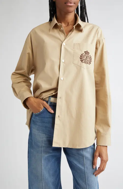 Sporty & Rich Embroidered Crest Oversize Cotton Poplin Button-Up Shirt in Light Tan at Nordstrom, Size X-Large | Nordstrom