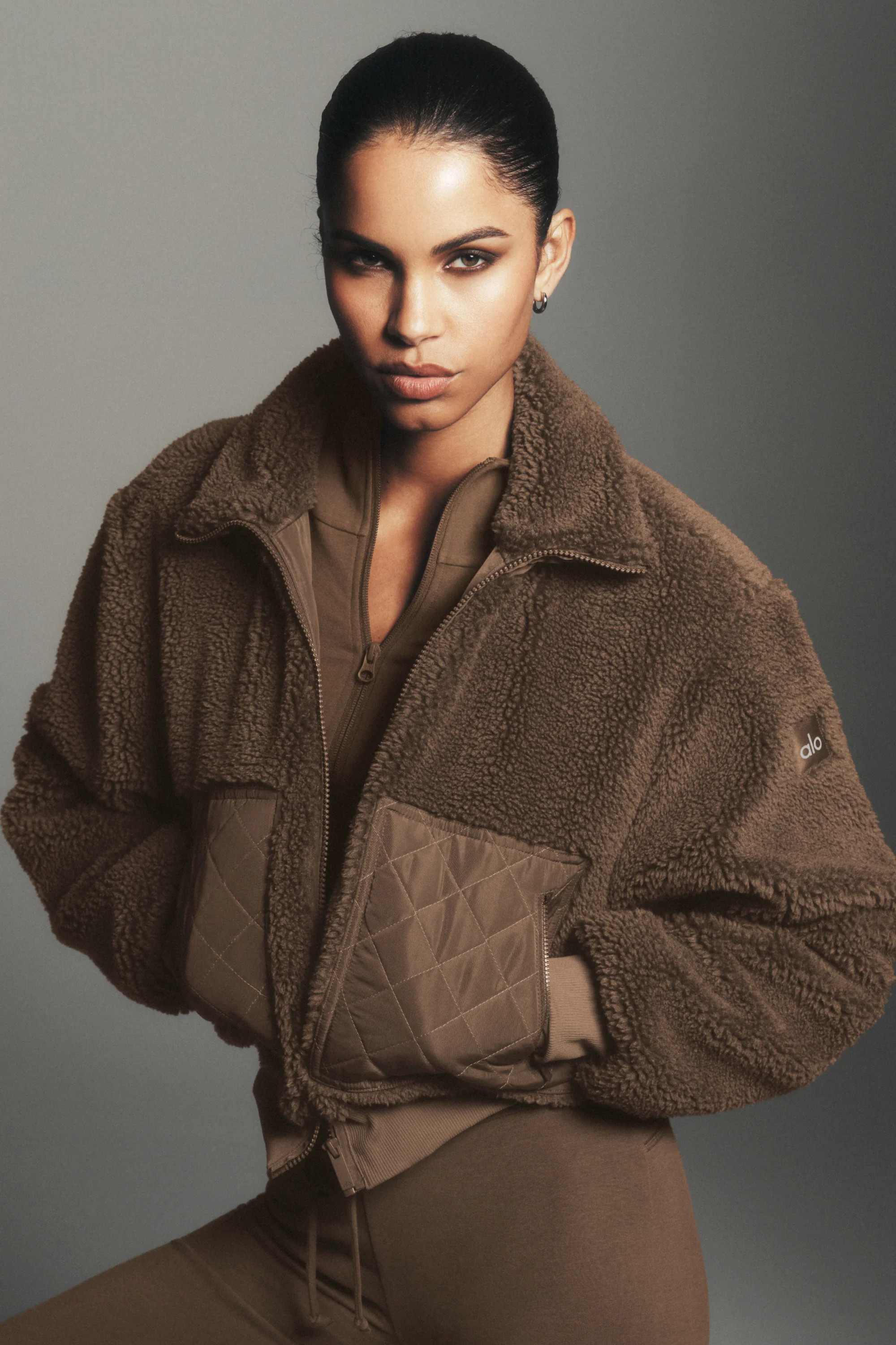 ALO | Sherpa Edge Bomber Jacket in Java Brown, Size: Large | Alo Yoga