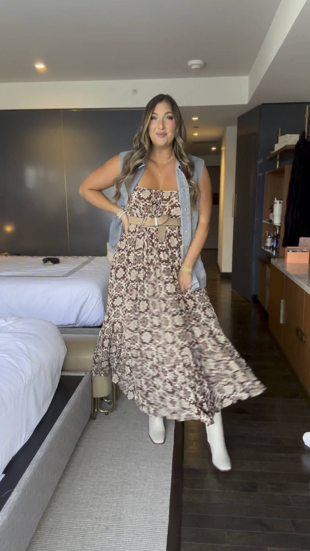 #LTKcon day 1 ootd! I’m wearing an outfit i feel suuuuper comfortable in since I’ve been having a body image crisis lol. 
Dress - tts xl, could size down bc it’s very loose. 
Vest - tts xl
Boots - tts & veryyyy comfy!


#LTKVideo #LTKCon #LTKMidsize