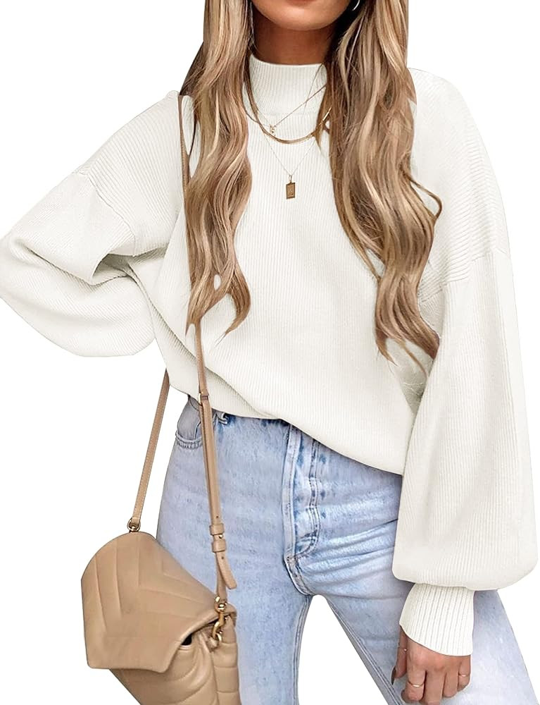 ZESICA Women's Casual Turtleneck Long Lantern Sleeve Oversized Ribbed Knit Pullover Sweater Jumper T | Amazon (US)