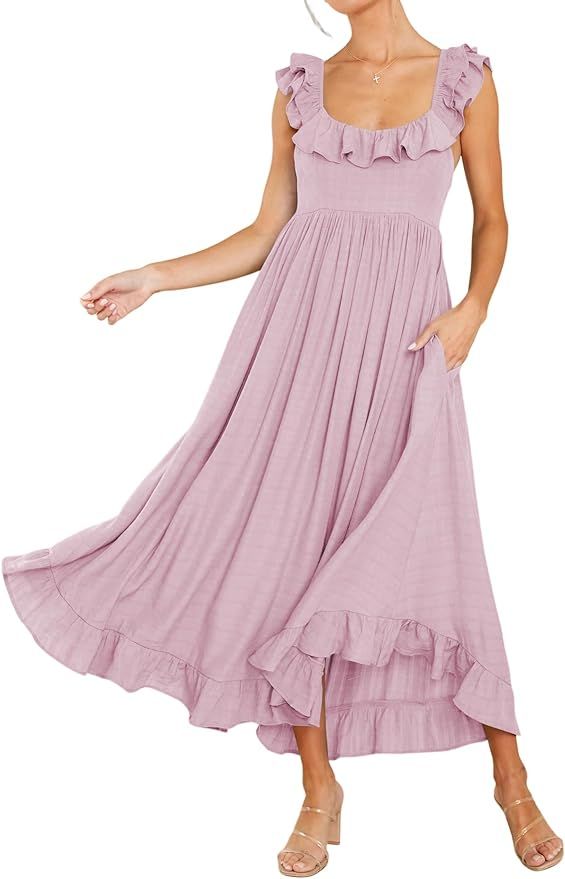 R.Vivimos Summer Dress for Women Sleeveless Boho Ruffle Square Neck Tie Back Casual Backless Flow... | Amazon (US)