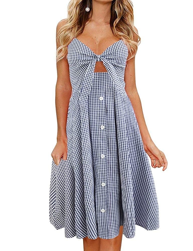 FANCYINN Womens Floral Prints Tie Front Button Down Spaghetti Strap Midi Dress | Amazon (US)