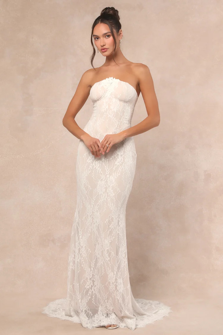 Valeria White Lace Strapless Bustier Maxi Dress | Lulus