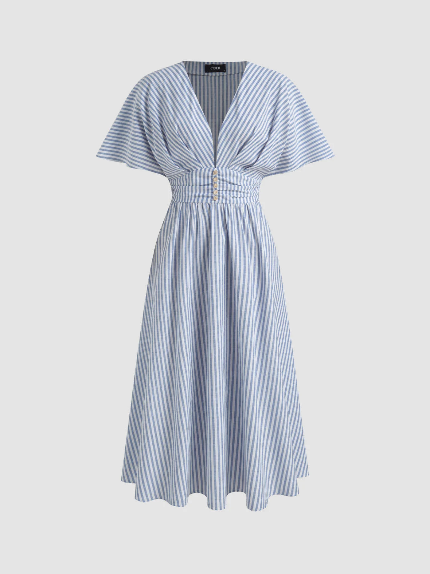 Woven Cotton-blend V-neck Striped Ruched Button Maxi Dress For Holiday | Cider
